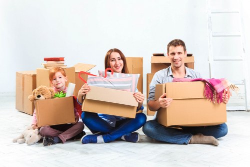 Organised office furniture and boxes ready for relocation